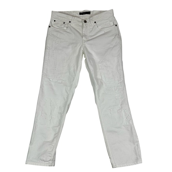 Lauren Ralph Lauren Denim - Lauren Ralph Lauren Womens White Eyelet Patchwork Distressed Straight‎ Jeans 4